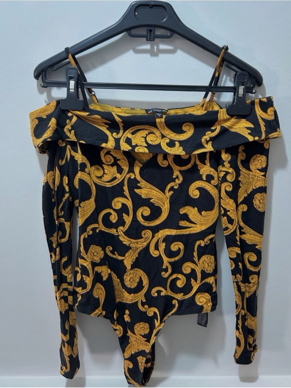 GUESS Black & Gold Baroque Off-Shoulder Bodysuit